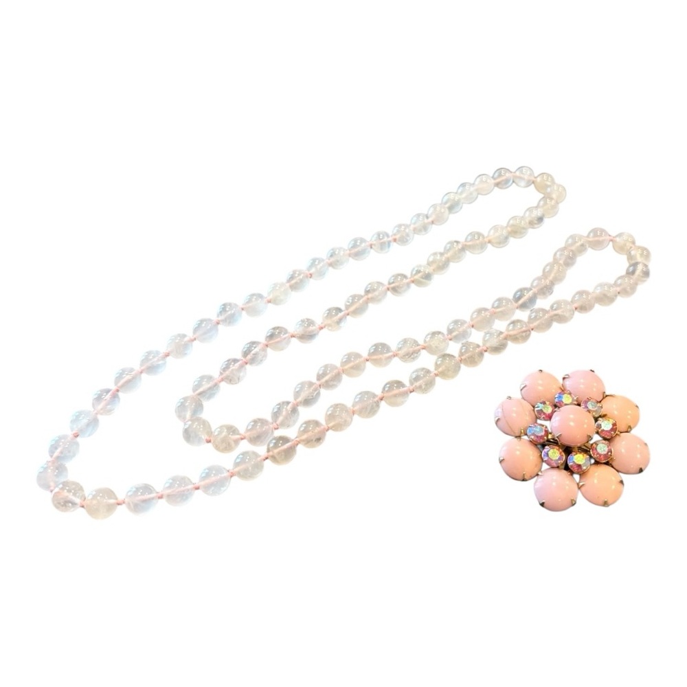 Vintage Pink Quartz Natural Bead Necklace & Moonglow Cluster Brooch Set JB8